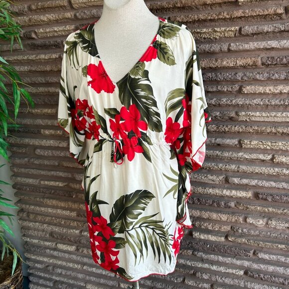 Favant Hawaiian Red Hibiscus Flower Swim Cover up One Size - Picture 5 of 7